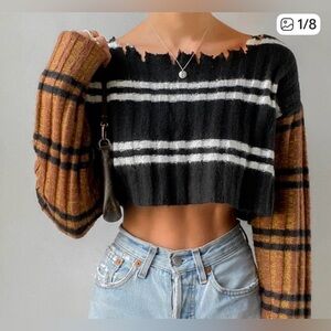 BDG Black and Brown Plaid Sleeve Sweater